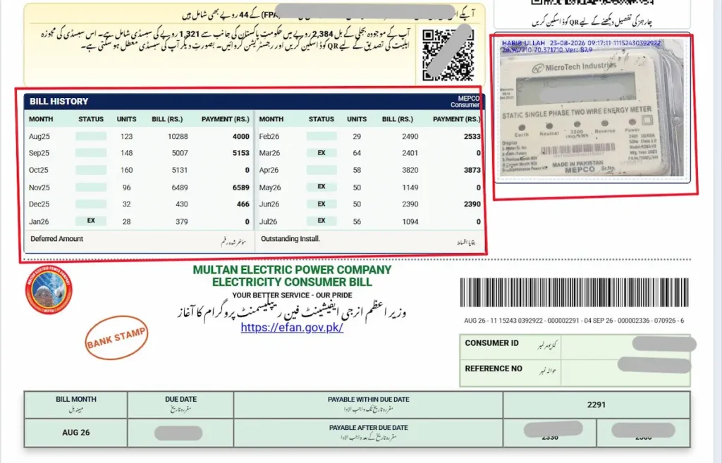 Annotated MEPCO bill showing meter information, charges and bill history.