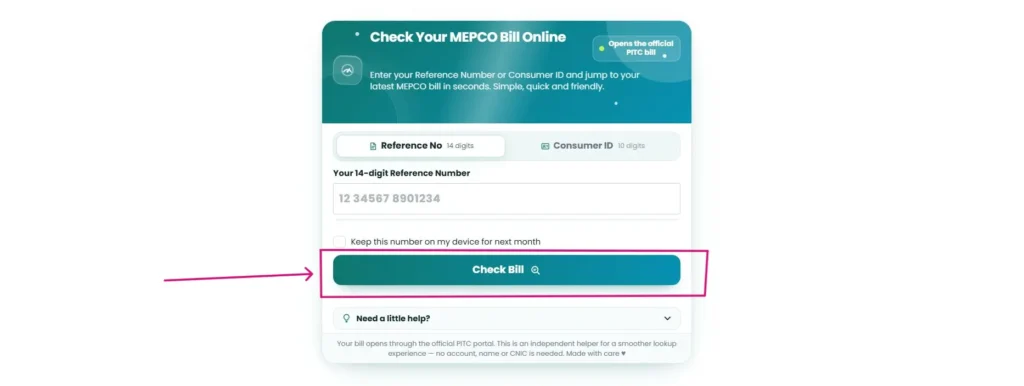Check Bill button in the MEPCO bill checker, which opens the bill from the PITC portal