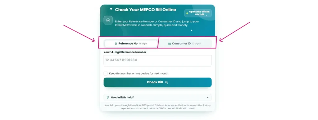Reference No and Consumer ID tabs at the top of the MEPCO bill checker