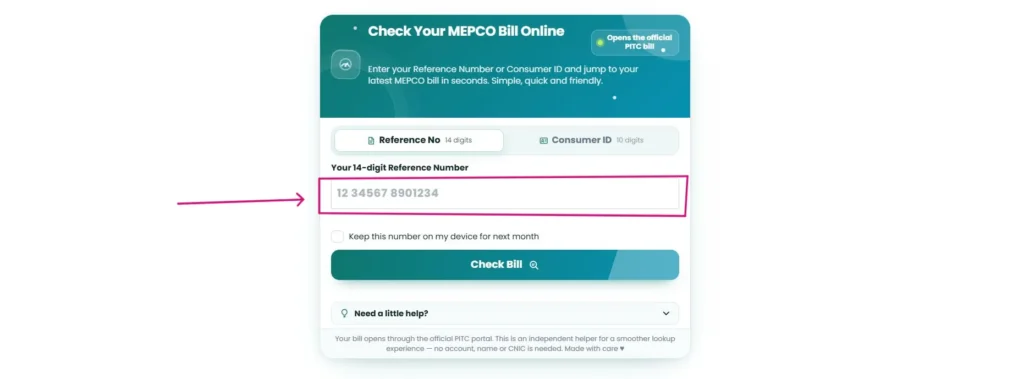 Entering a 14-digit reference number in the MEPCO bill checker, with the save-number checkbox below